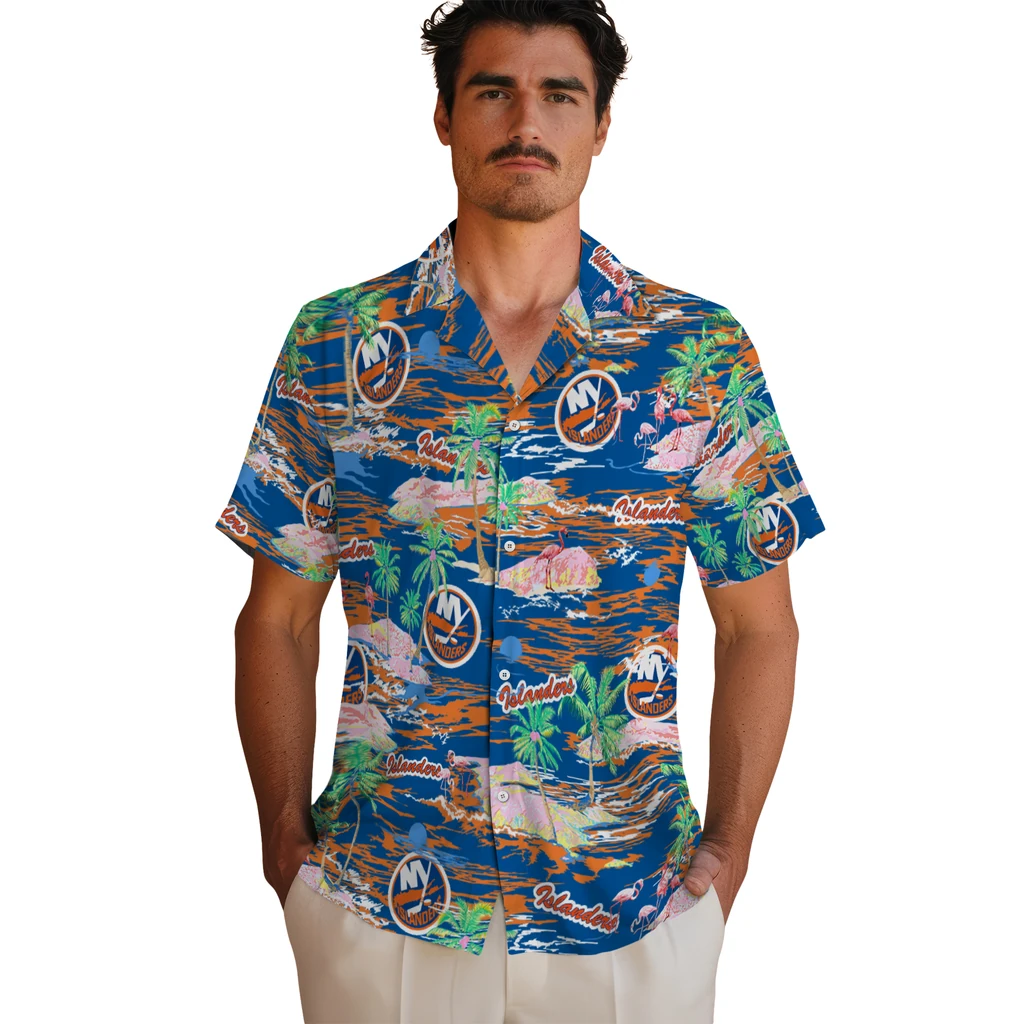 New York Islanders Hawaiian Shirt - Hawaii Island new york islanders flamingo retreat blue hawaiian shirts fashion forward