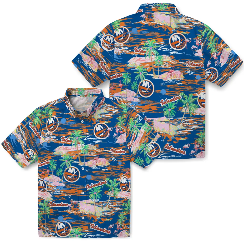 New York Islanders Hawaiian Shirt - Hawaii Island new york islanders flamingo retreat blue hawaiian shirts high quality