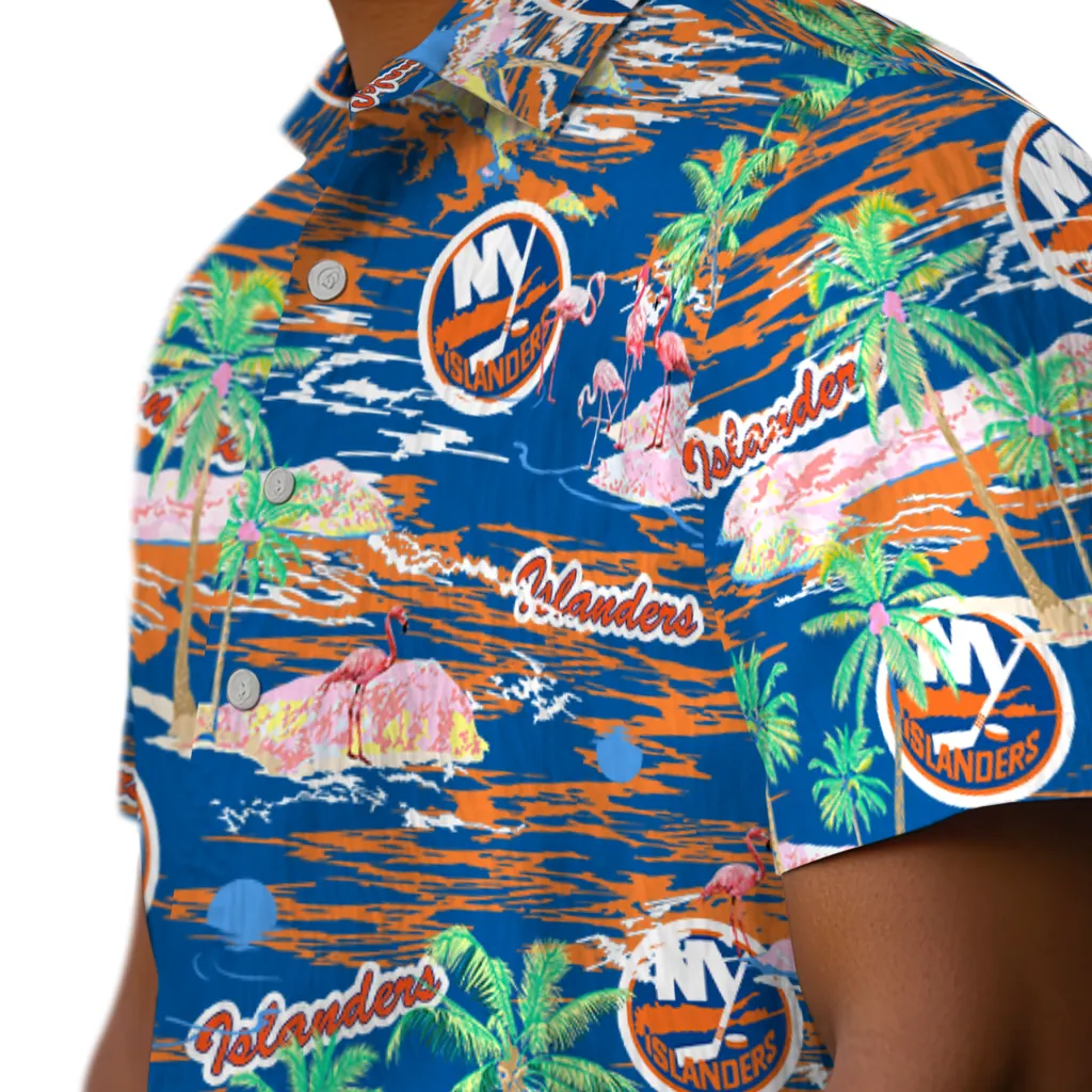 New York Islanders Hawaiian Shirt - Hawaii Island new york islanders flamingo retreat blue hawaiian shirts trendy