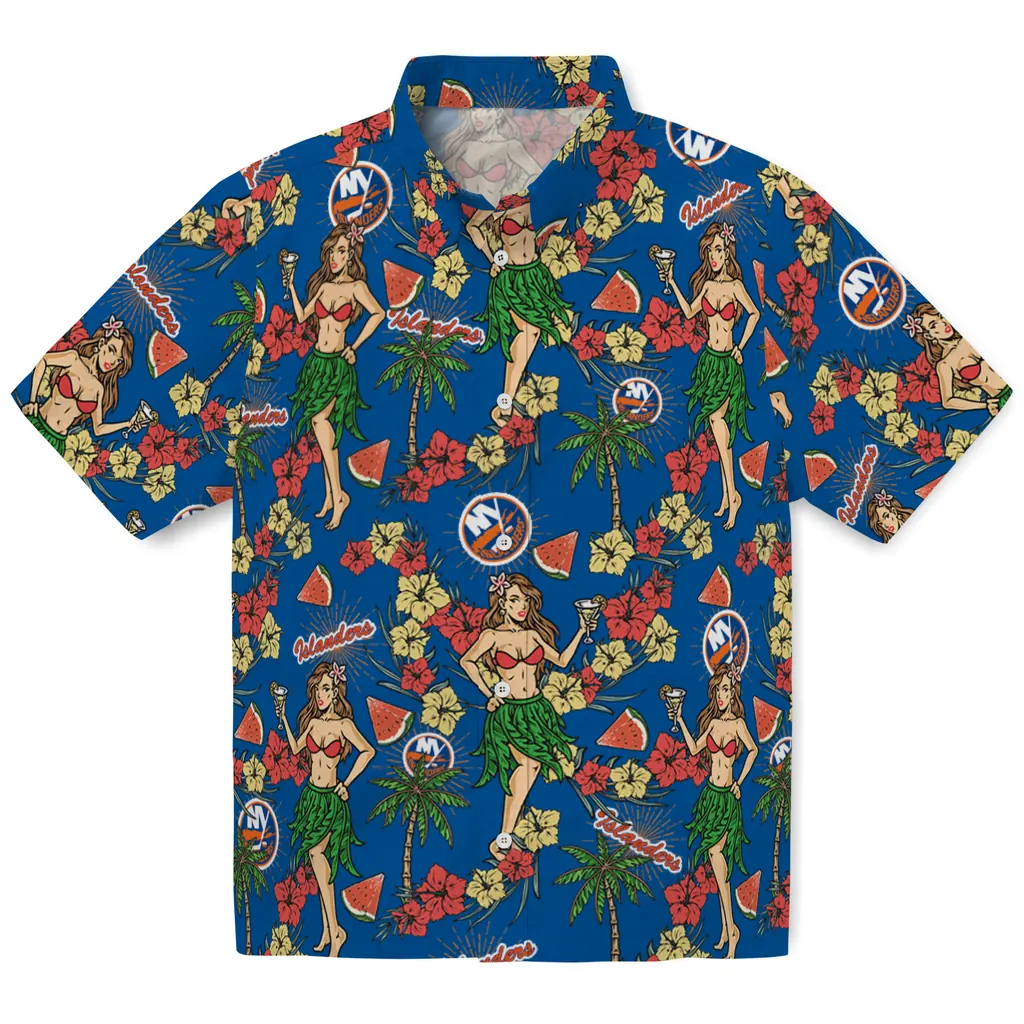 New York Islanders Hawaiian Shirt - Hawaiian Girls Design new york islanders hawaiian girls design blue hawaiian shirts best selling