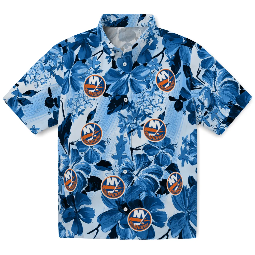 New York Islanders Hawaiian Shirt - Hibiscus Arrangement new york islanders hibiscus arrangement blue hawaiian shirts best selling