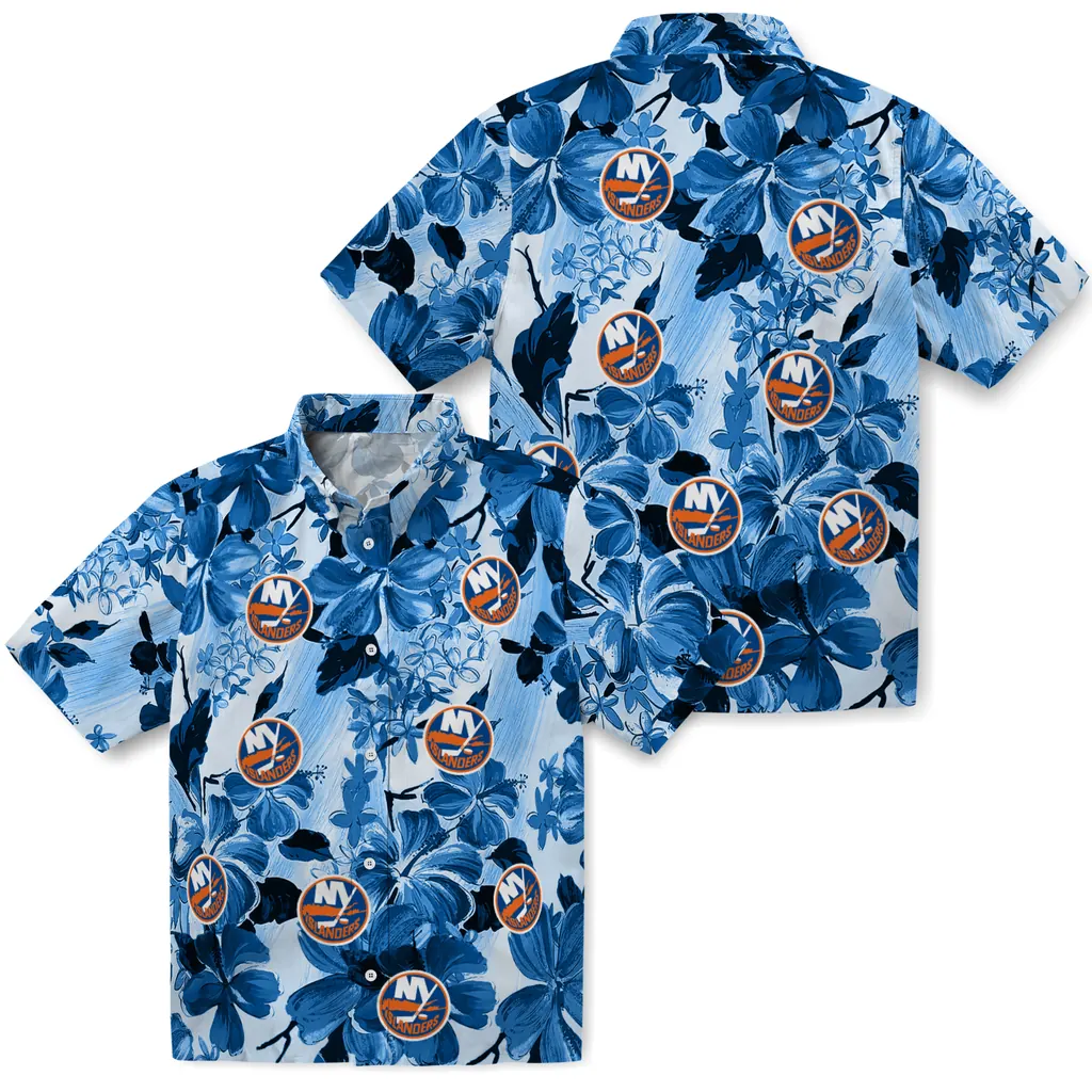 New York Islanders Hawaiian Shirt - Hibiscus Arrangement new york islanders hibiscus arrangement blue hawaiian shirts high quality