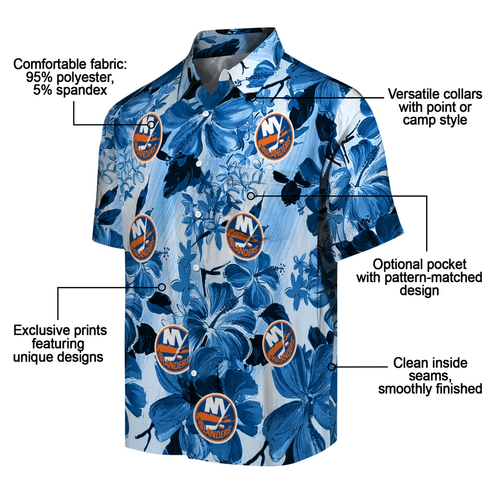 New York Islanders Hawaiian Shirt - Hibiscus Arrangement new york islanders hibiscus arrangement blue hawaiian shirts new arrival