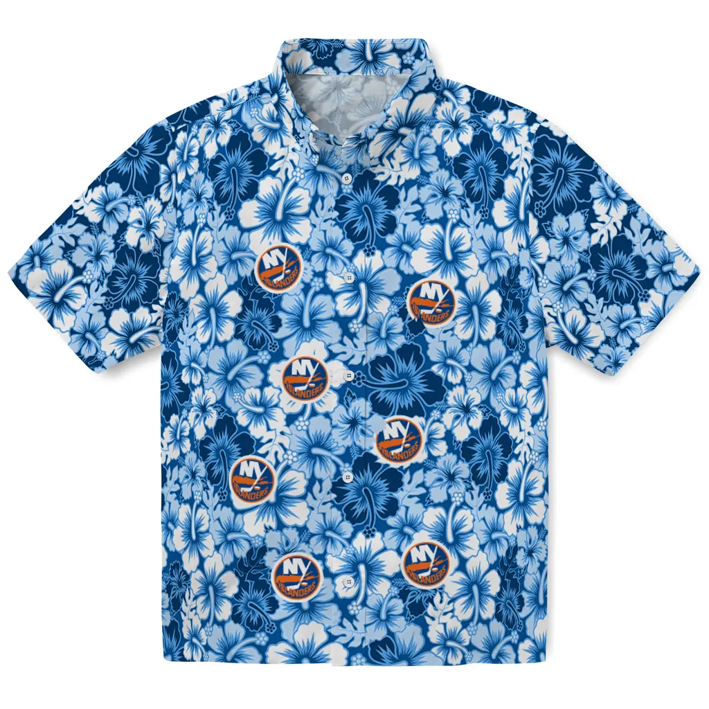 New York Islanders Hawaiian Shirt - Hibiscus Blooms new york islanders hibiscus blooms blue hawaiian shirts best selling