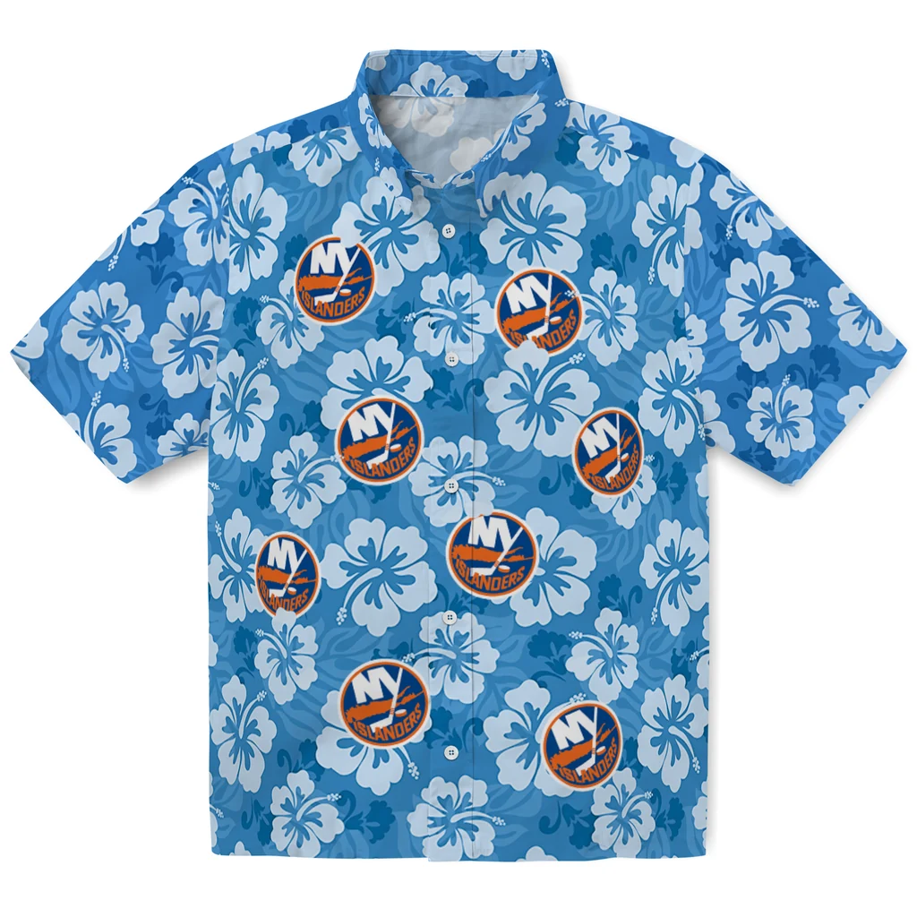 New York Islanders Hawaiian Shirt - Hibiscus Cluster new york islanders hibiscus cluster blue hawaiian shirts best selling