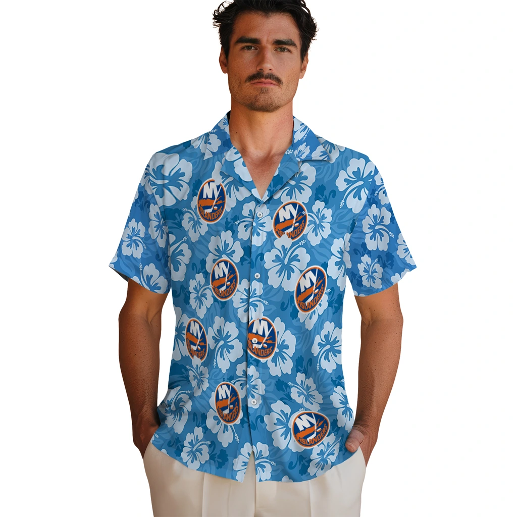 New York Islanders Hawaiian Shirt - Hibiscus Cluster new york islanders hibiscus cluster blue hawaiian shirts fashion forward