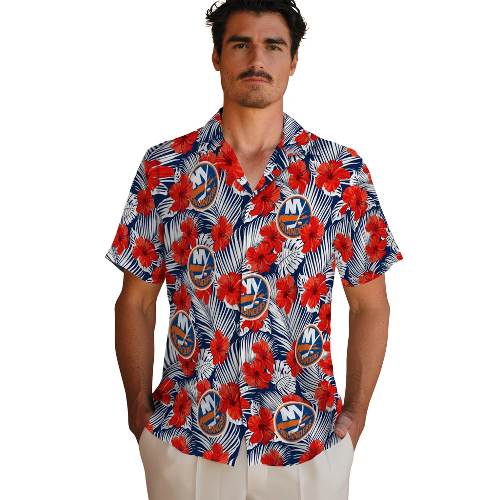 New York Islanders Hawaiian Shirt - Hibiscus Fiesta new york islanders hibiscus fiesta red royal blue hawaiian shirts fashion forward