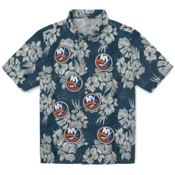 new york islanders hibiscus flowers navy blue hawaiian shirts best selling