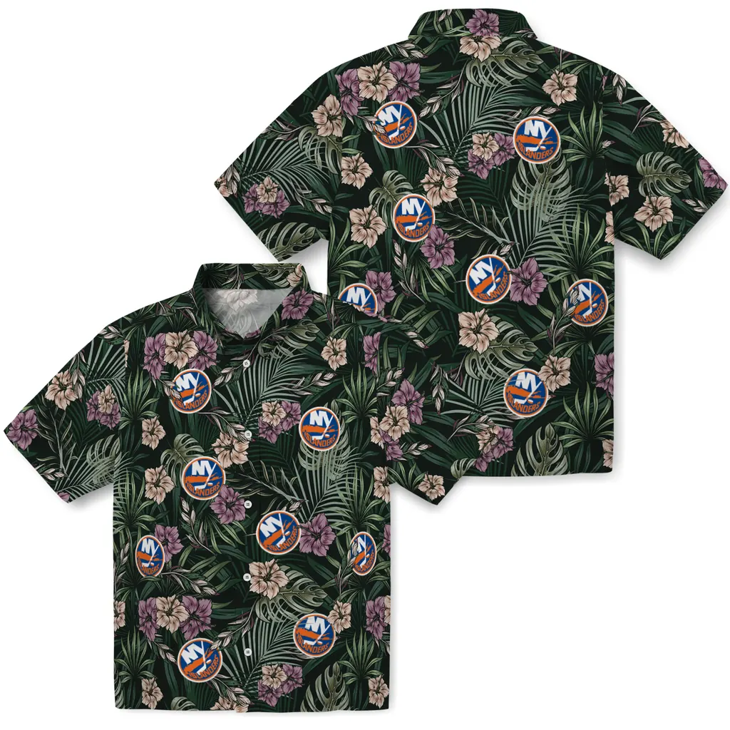 New York Islanders Hawaiian Shirt - Hibiscus Leaves Pattern new york islanders hibiscus leaves pattern green hawaiian shirts high quality