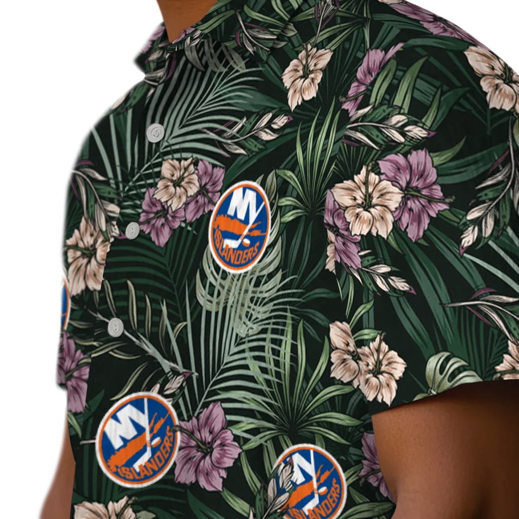 New York Islanders Hawaiian Shirt - Hibiscus Leaves Pattern new york islanders hibiscus leaves pattern green hawaiian shirts trendy