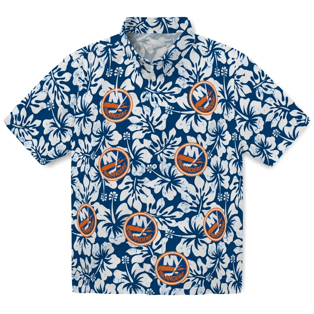 New York Islanders Hawaiian Shirt - Hibiscus Motif new york islanders hibiscus motif blue white hawaiian shirts best selling