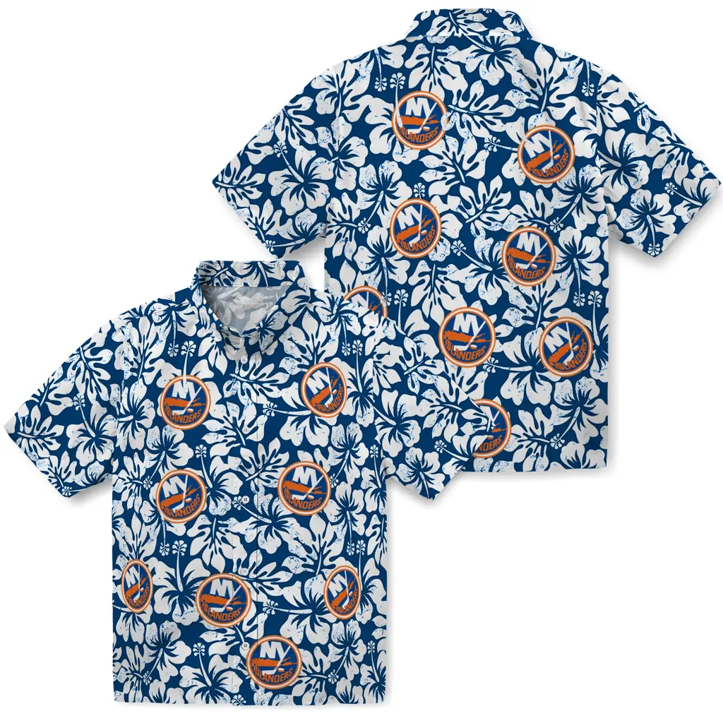 New York Islanders Hawaiian Shirt - Hibiscus Motif new york islanders hibiscus motif blue white hawaiian shirts high quality