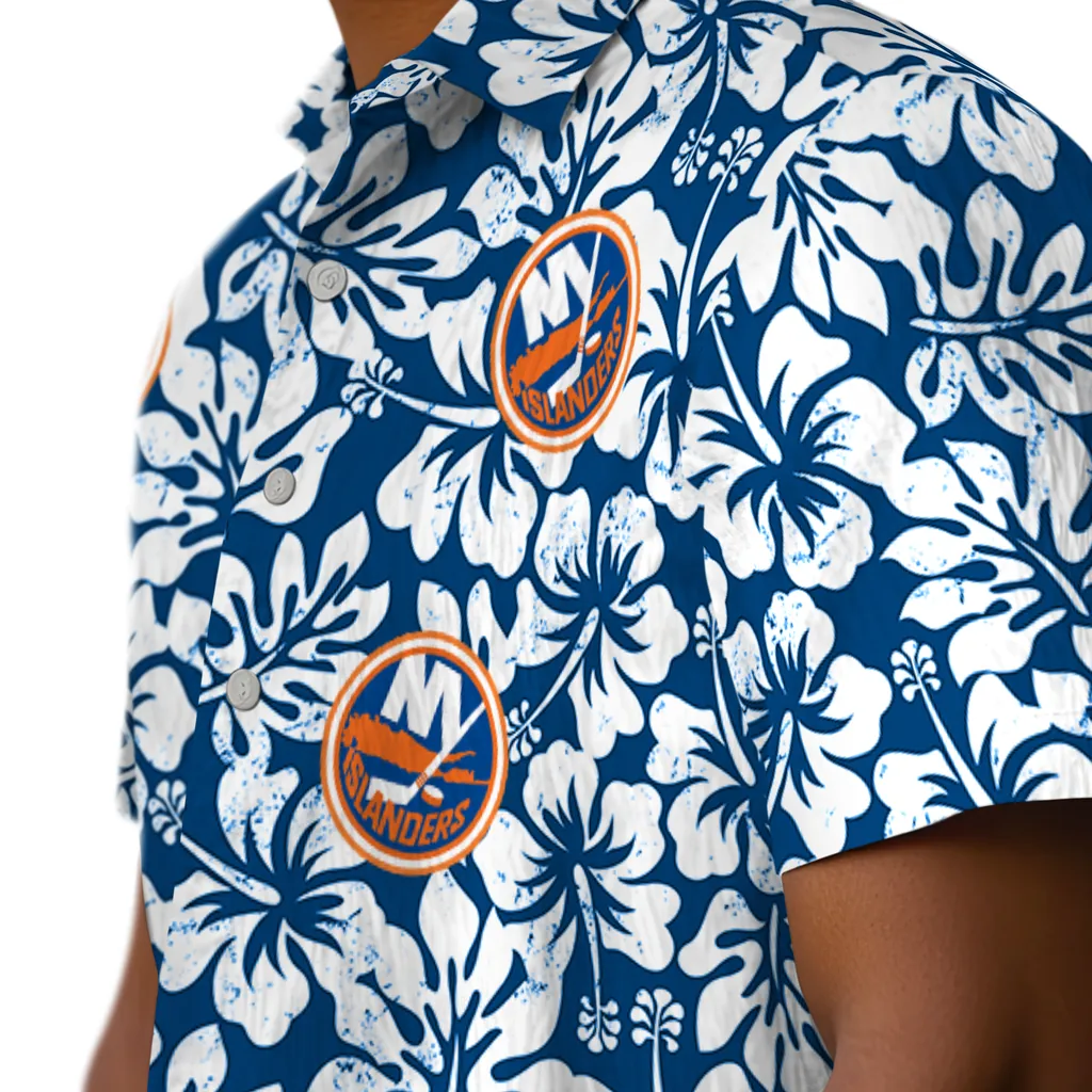 New York Islanders Hawaiian Shirt - Hibiscus Motif new york islanders hibiscus motif blue white hawaiian shirts trendy