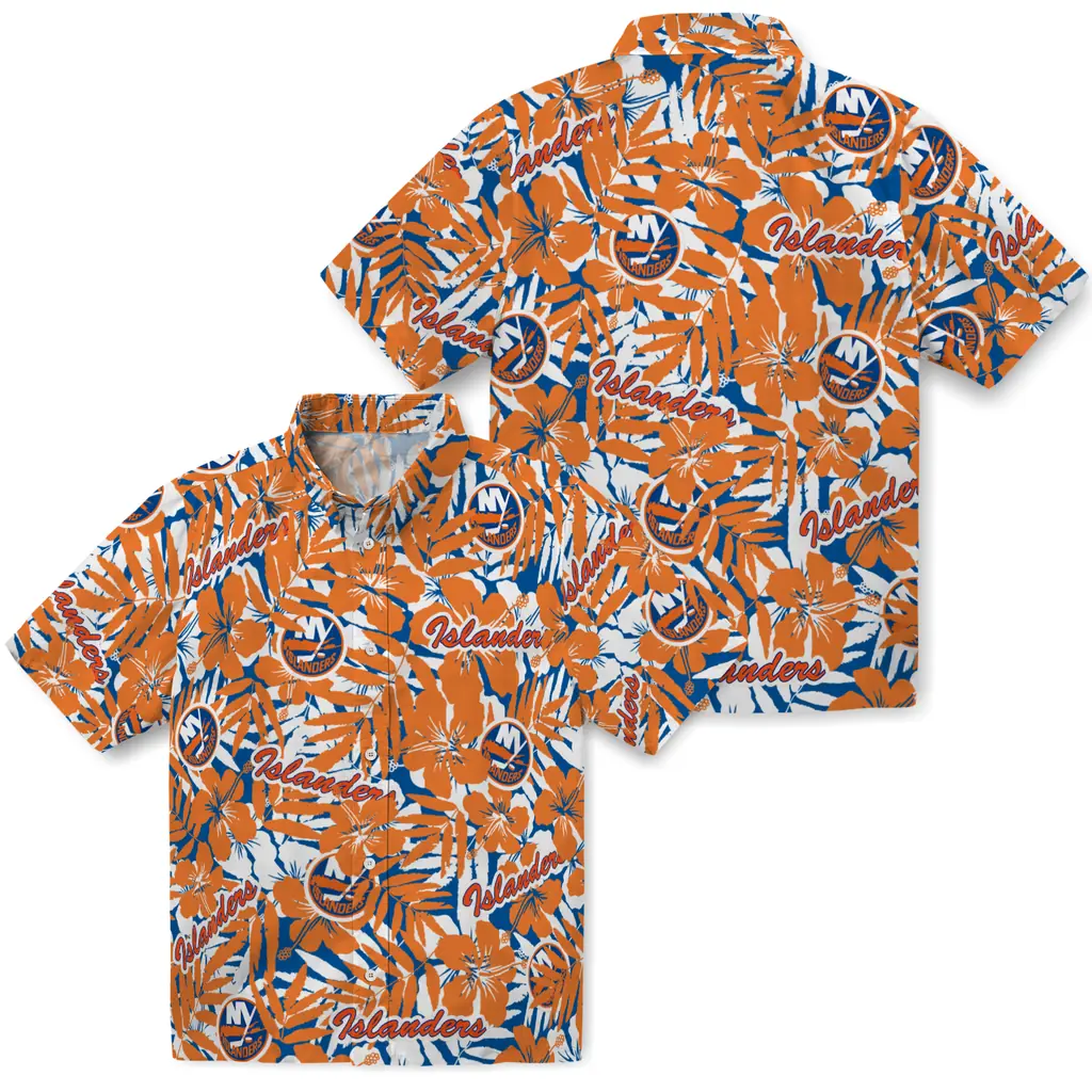 New York Islanders Hawaiian Shirt - Hibiscus Overlay new york islanders hibiscus overlay hawaiian shirts high quality
