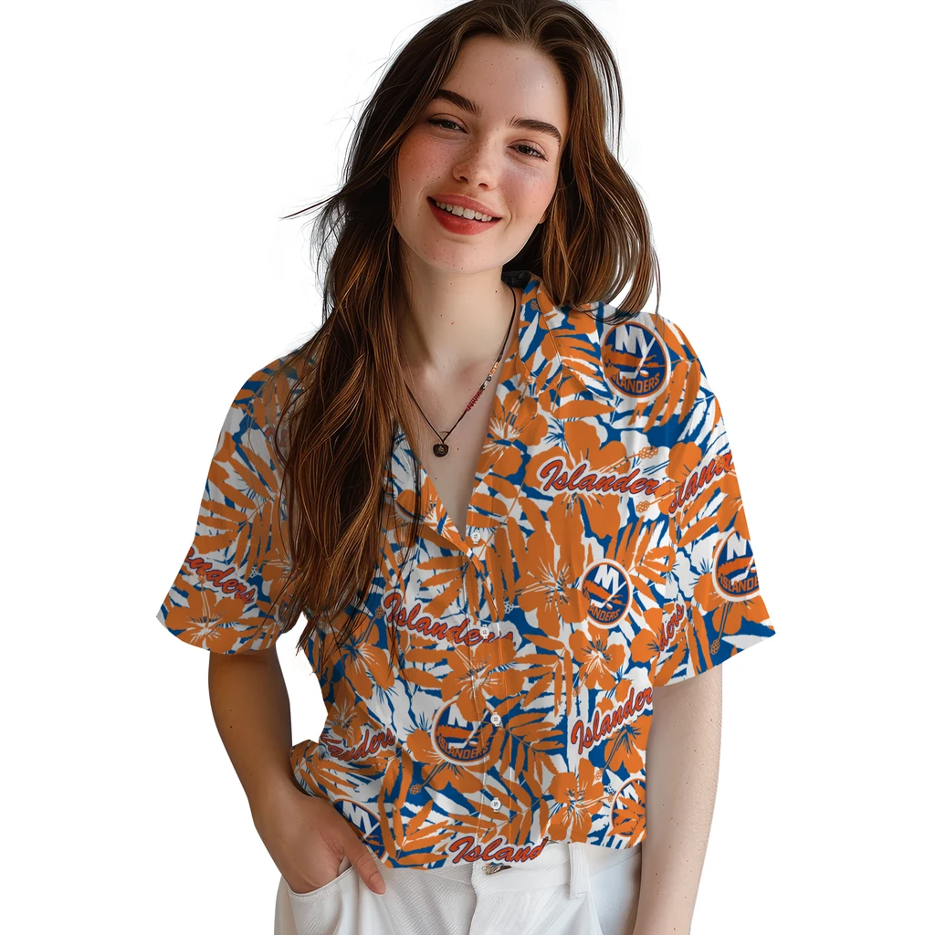 New York Islanders Hawaiian Shirt - Hibiscus Overlay new york islanders hibiscus overlay hawaiian shirts latest model