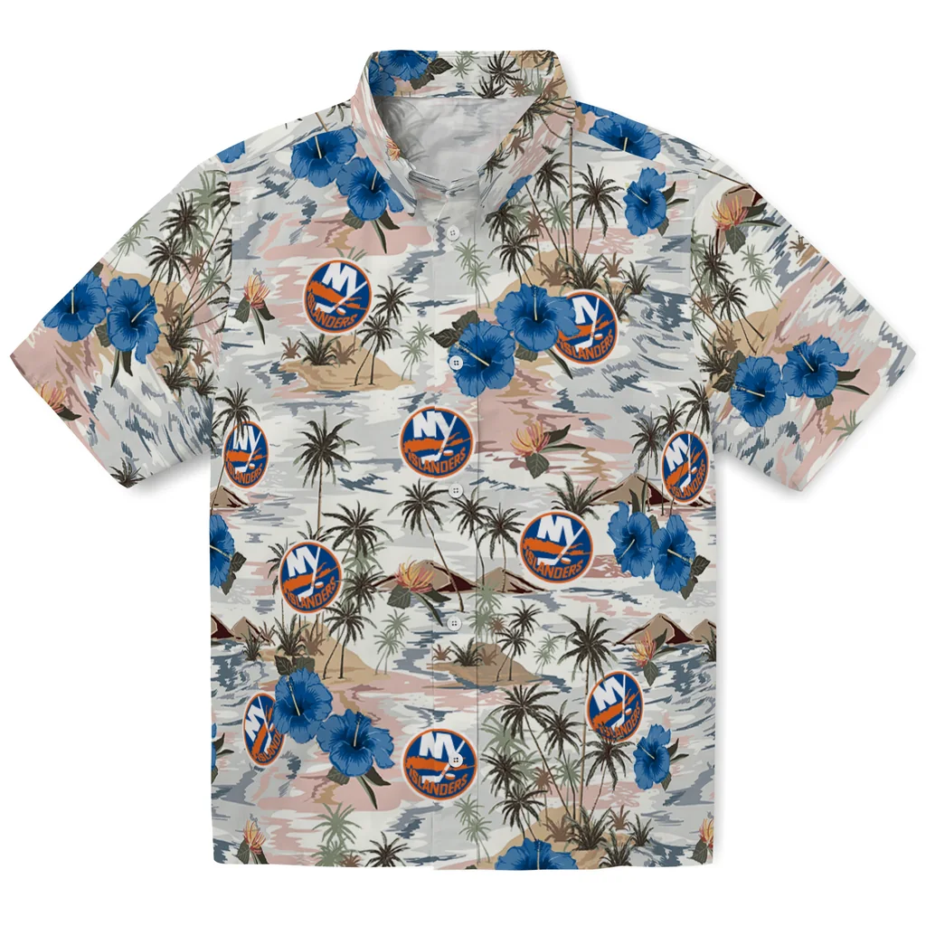 New York Islanders Hawaiian Shirt - Hibiscus Seaside new york islanders hibiscus seaside white hawaiian shirts best selling