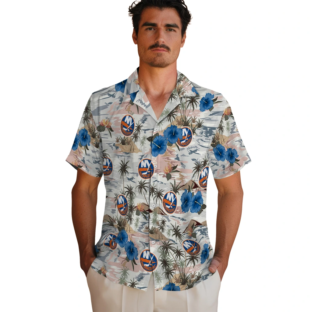 New York Islanders Hawaiian Shirt - Hibiscus Seaside new york islanders hibiscus seaside white hawaiian shirts fashion forward