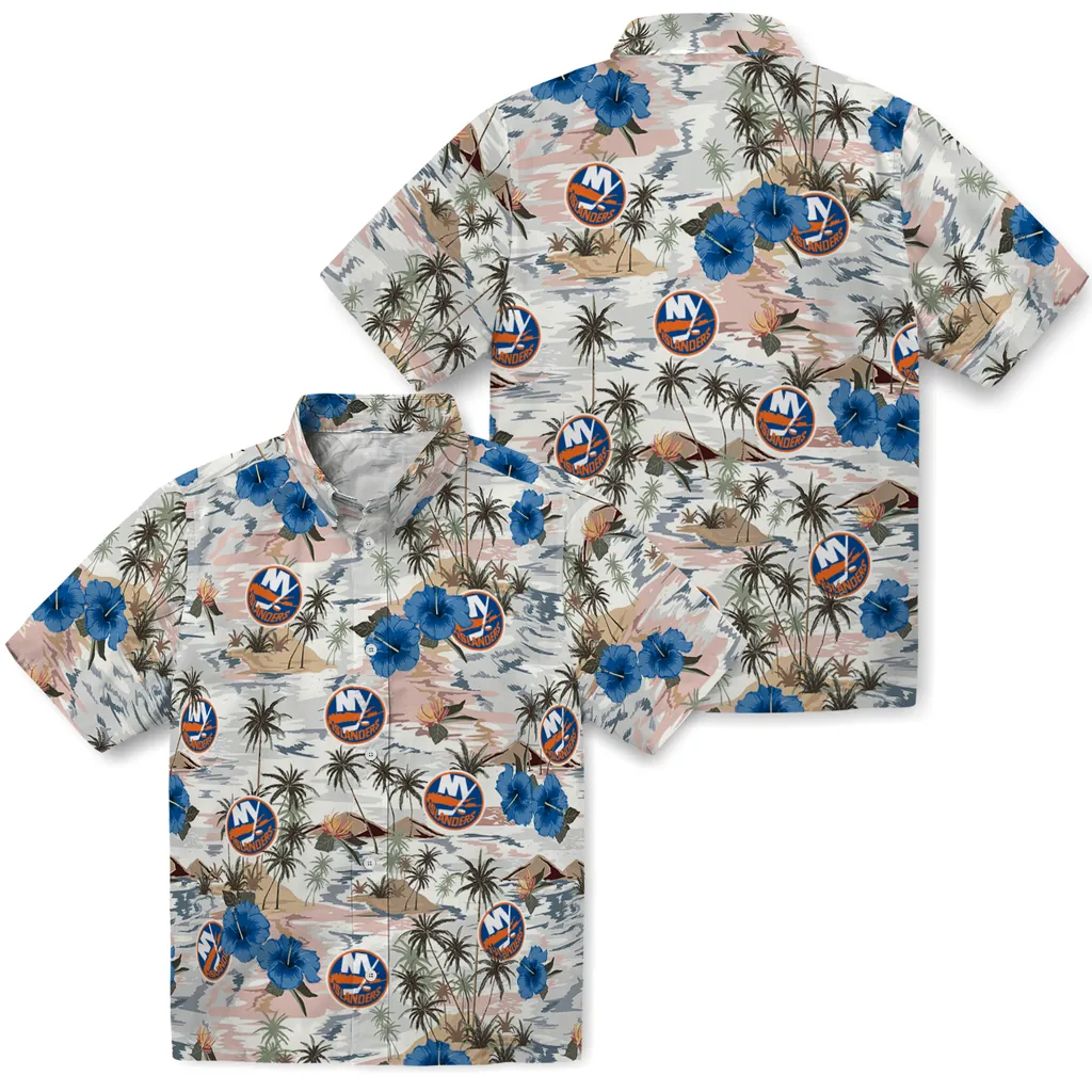 New York Islanders Hawaiian Shirt - Hibiscus Seaside new york islanders hibiscus seaside white hawaiian shirts high quality