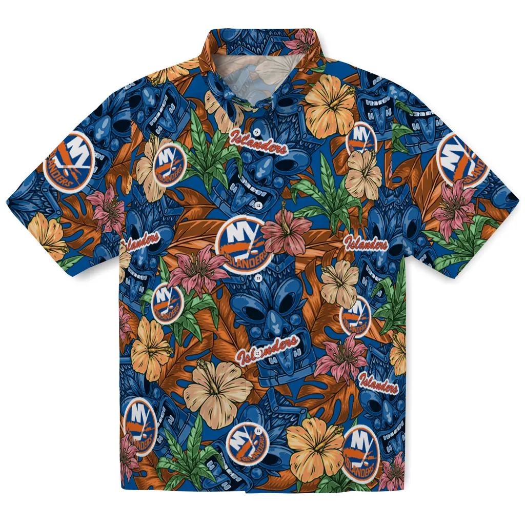 New York Islanders Hawaiian Shirt - Hibiscus Tiki Jungle new york islanders tiki jungle blue hawaiian shirts best selling