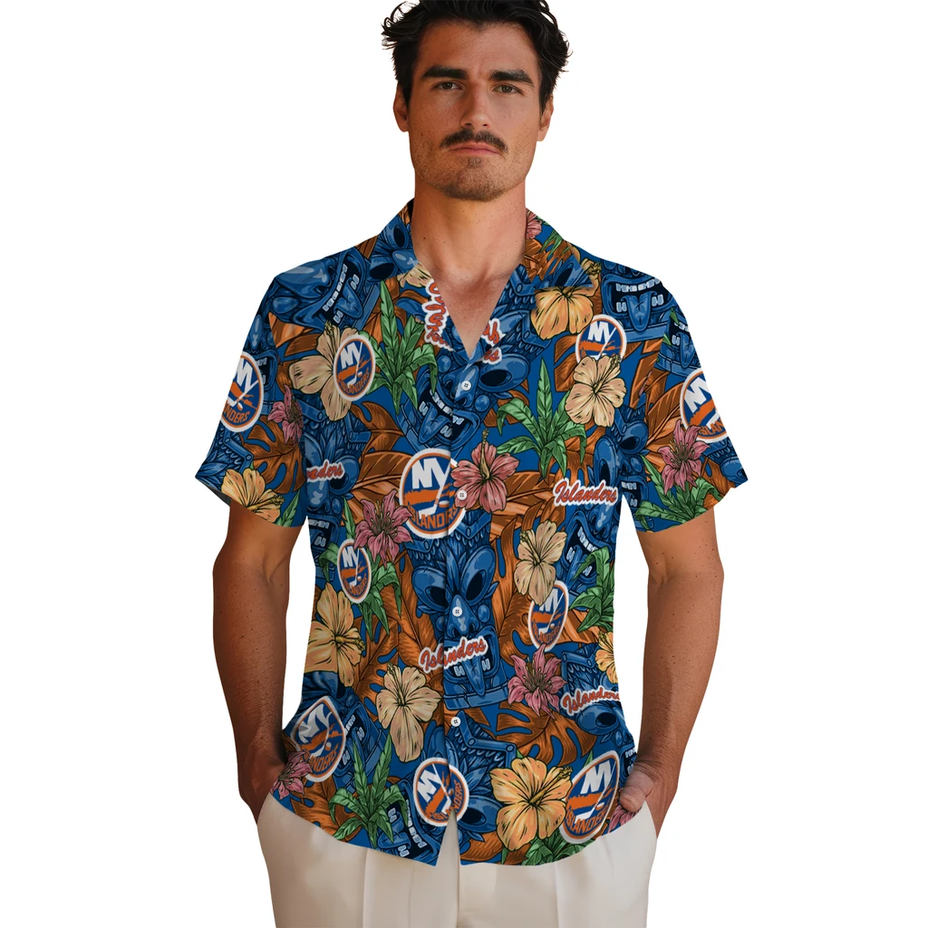 New York Islanders Hawaiian Shirt - Hibiscus Tiki Jungle new york islanders tiki jungle blue hawaiian shirts fashion forward