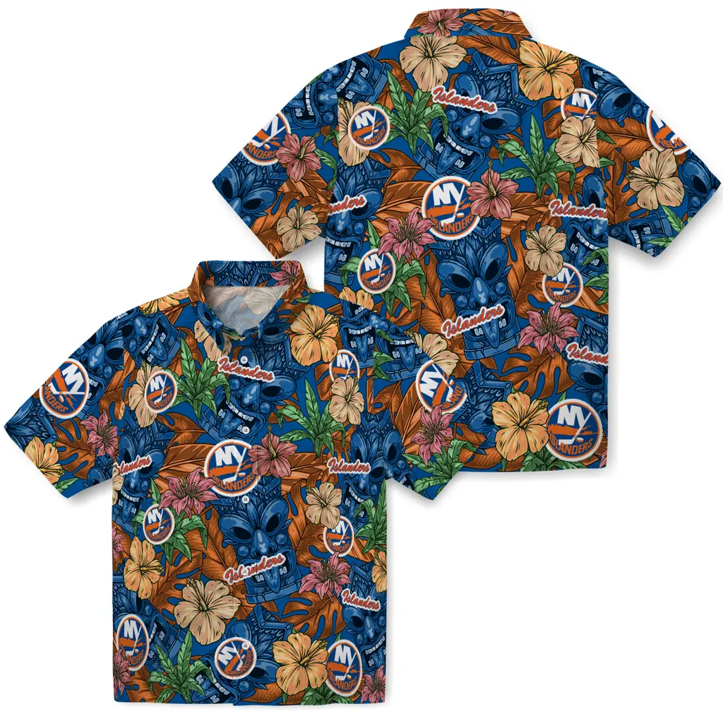 New York Islanders Hawaiian Shirt - Hibiscus Tiki Jungle new york islanders tiki jungle blue hawaiian shirts high quality
