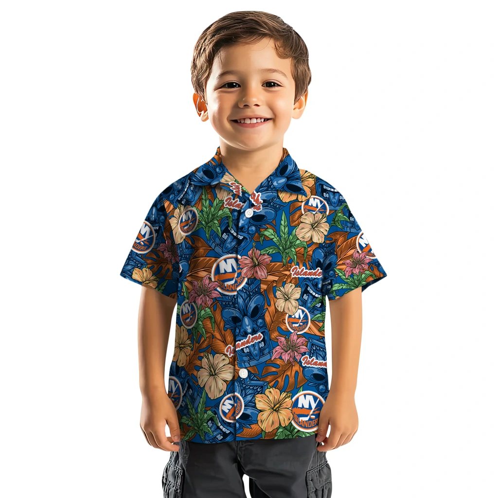 New York Islanders Hawaiian Shirt - Hibiscus Tiki Jungle new york islanders tiki jungle blue hawaiian shirts top rated