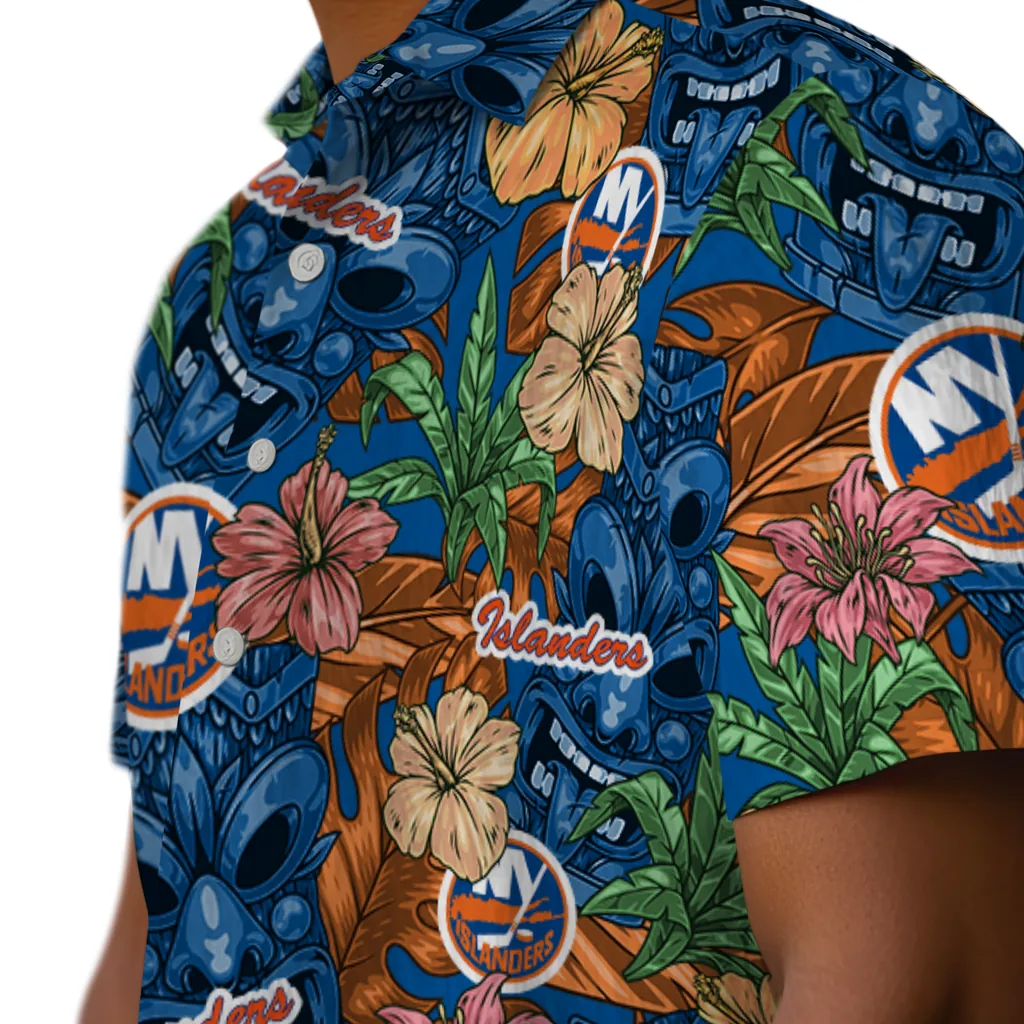 New York Islanders Hawaiian Shirt - Hibiscus Tiki Jungle new york islanders tiki jungle blue hawaiian shirts trendy