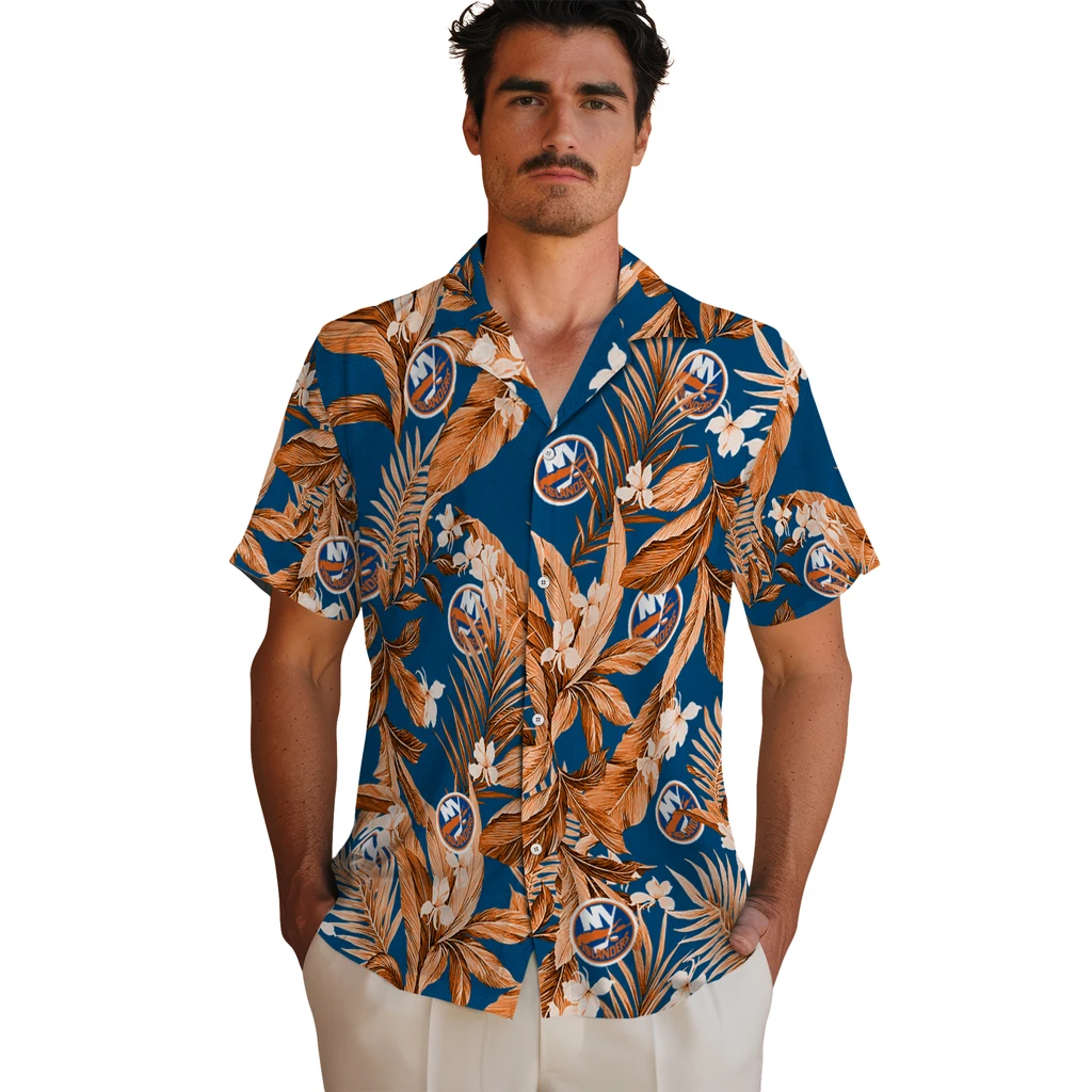 New York Islanders Hawaiian Shirt - Palm Leaves new york islanders palm leaves blue hawaiian shirts fashion forward