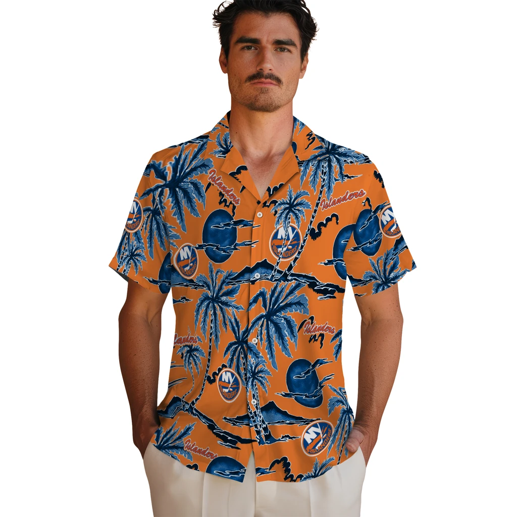 New York Islanders Hawaiian Shirt - Palm Sunset new york islanders palm sunset hawaiian shirts fashion forward