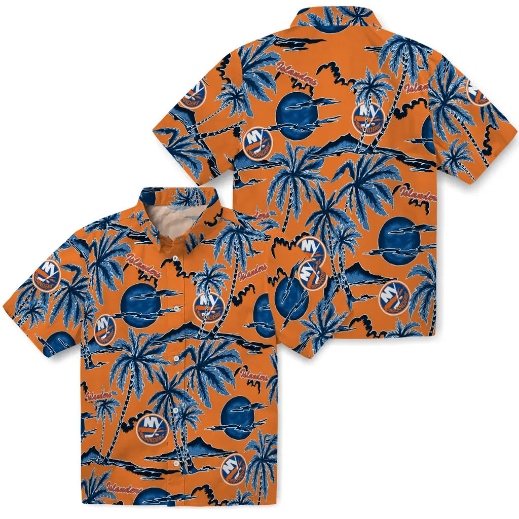 New York Islanders Hawaiian Shirt - Palm Sunset new york islanders palm sunset hawaiian shirts high quality