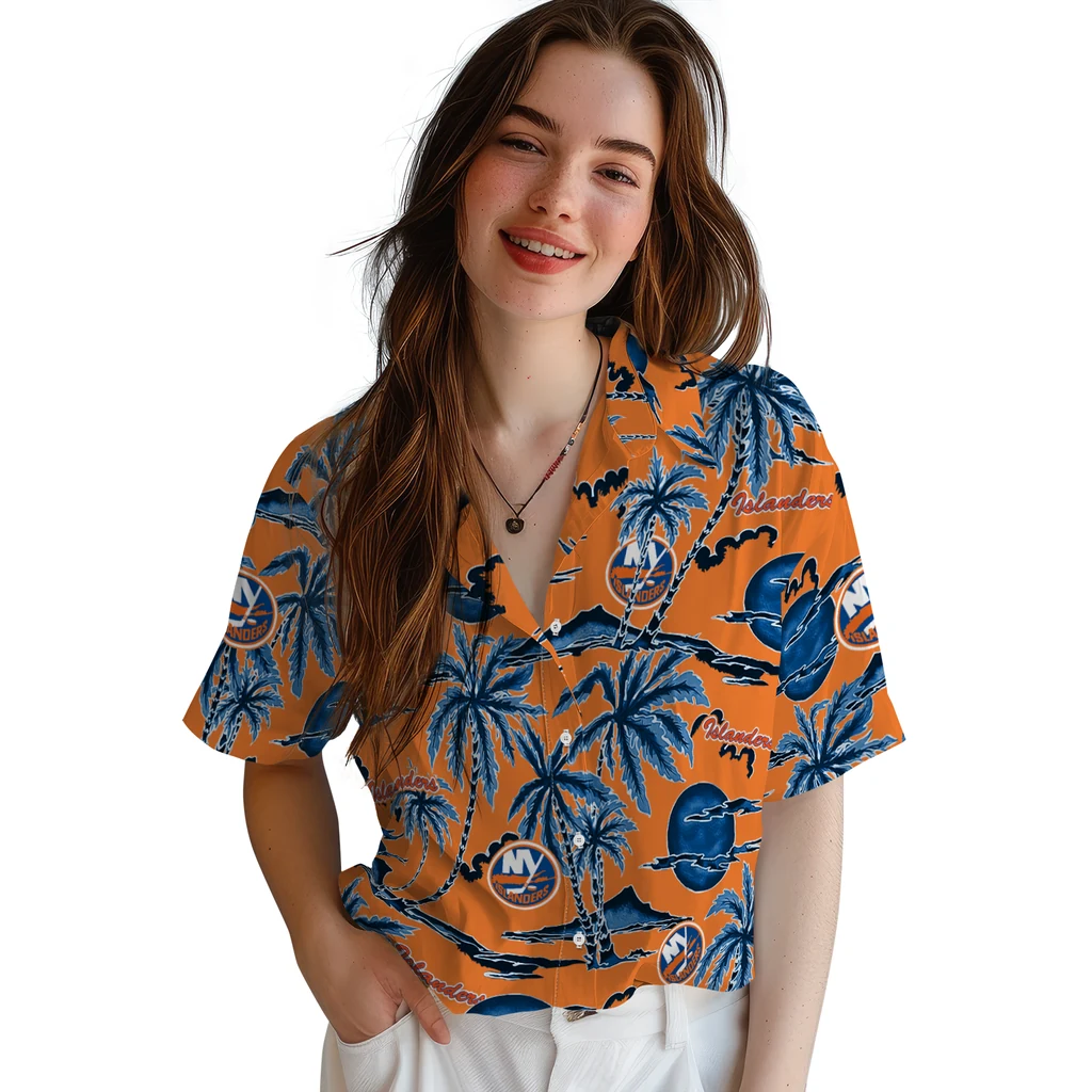 New York Islanders Hawaiian Shirt - Palm Sunset new york islanders palm sunset hawaiian shirts latest model