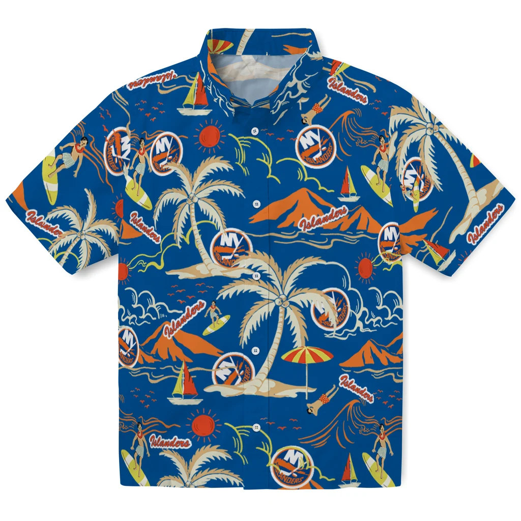 New York Islanders Hawaiian Shirt - Palm Tree Island new york islanders palm tree island blue hawaiian shirts best selling