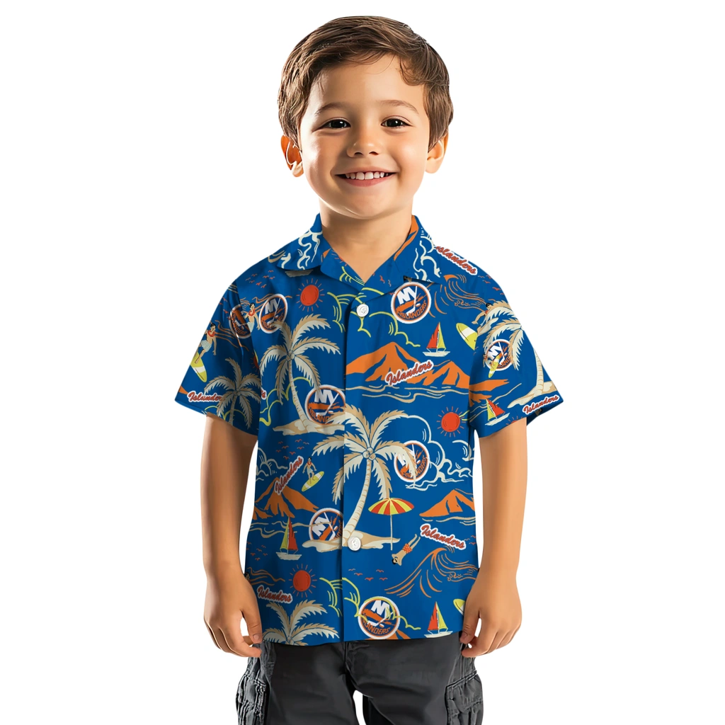 New York Islanders Hawaiian Shirt - Palm Tree Island new york islanders palm tree island blue hawaiian shirts top rated