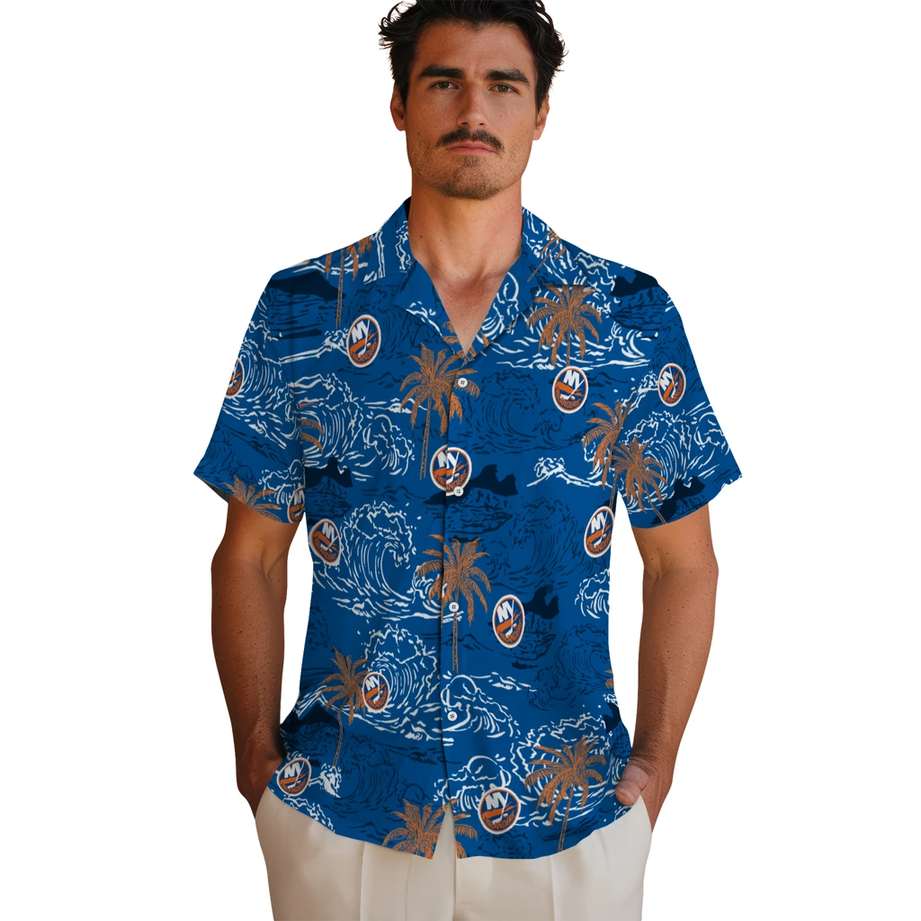 New York Islanders Hawaiian Shirt - Wave Palm new york islanders wave palm blue hawaiian shirts fashion forward