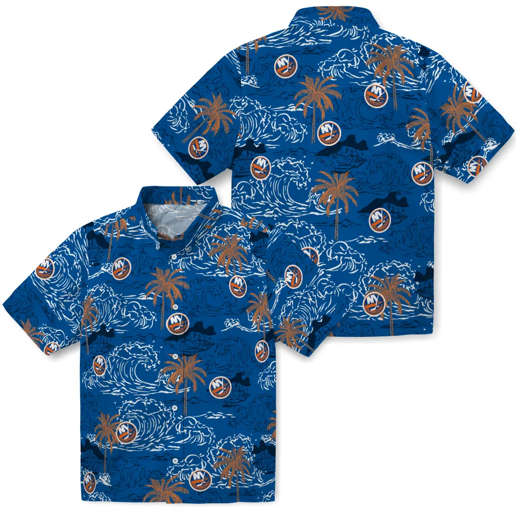 New York Islanders Hawaiian Shirt - Wave Palm new york islanders wave palm blue hawaiian shirts high quality