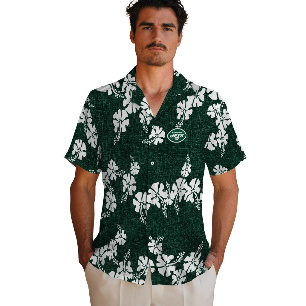 New York Jets Hawaiian Shirt - 50th State Flower new york jets hibiscus petals green hawaiian shirts fashion forward
