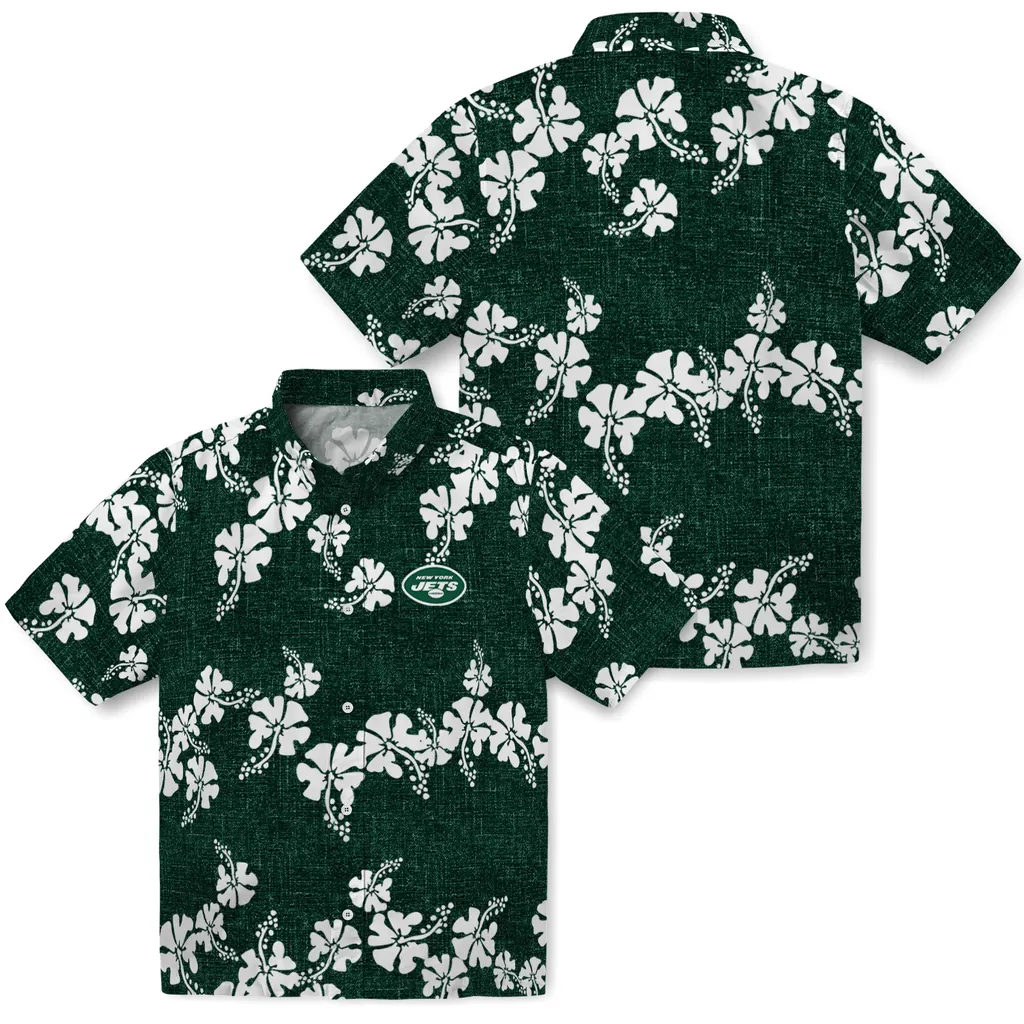 New York Jets Hawaiian Shirt - 50th State Flower new york jets hibiscus petals green hawaiian shirts high quality