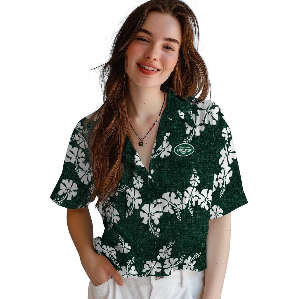 New York Jets Hawaiian Shirt - 50th State Flower new york jets hibiscus petals green hawaiian shirts latest model