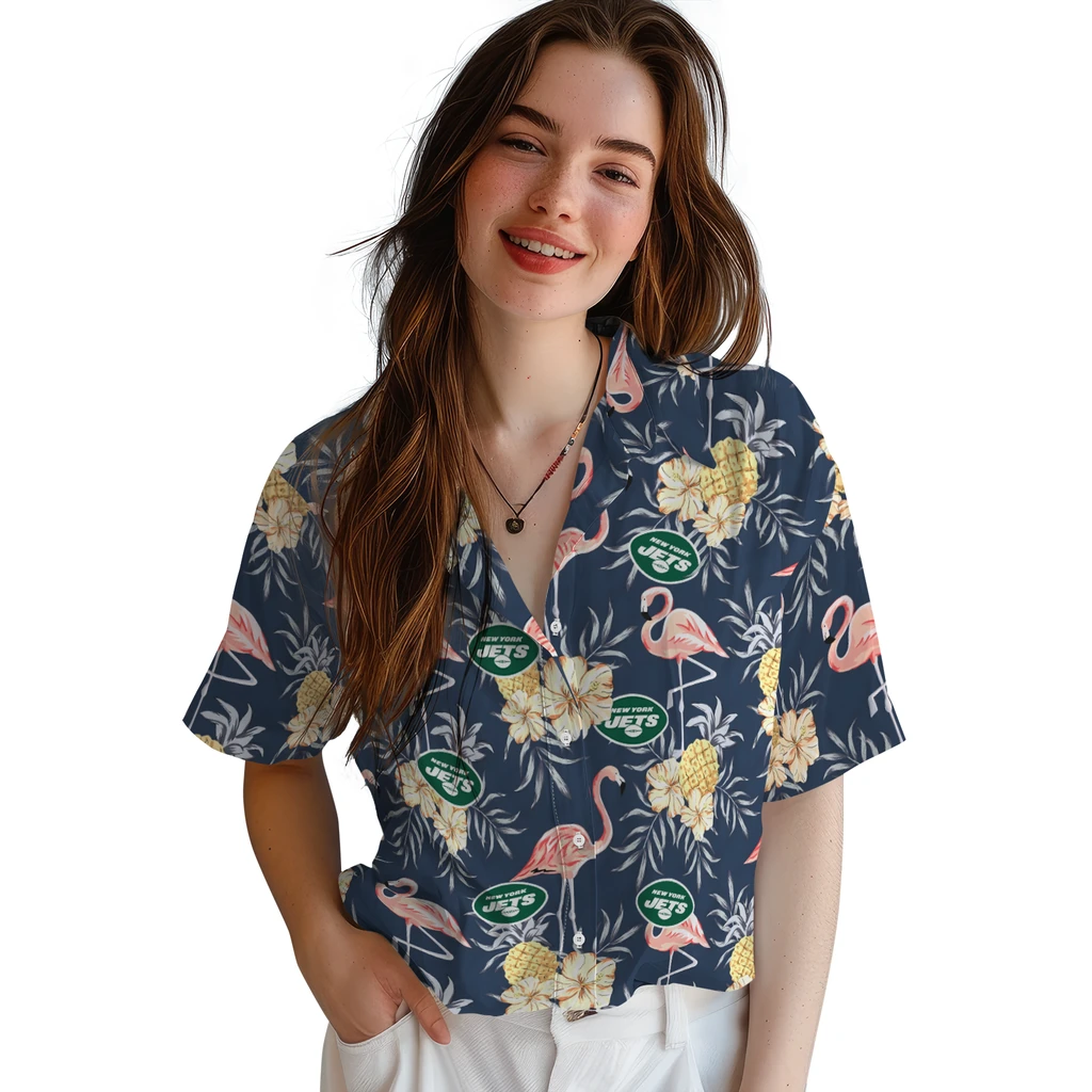 New York Jets Hawaiian Shirt - Flamingo Hibiscus new york jets flamingo hibiscus navy hawaiian shirts latest model