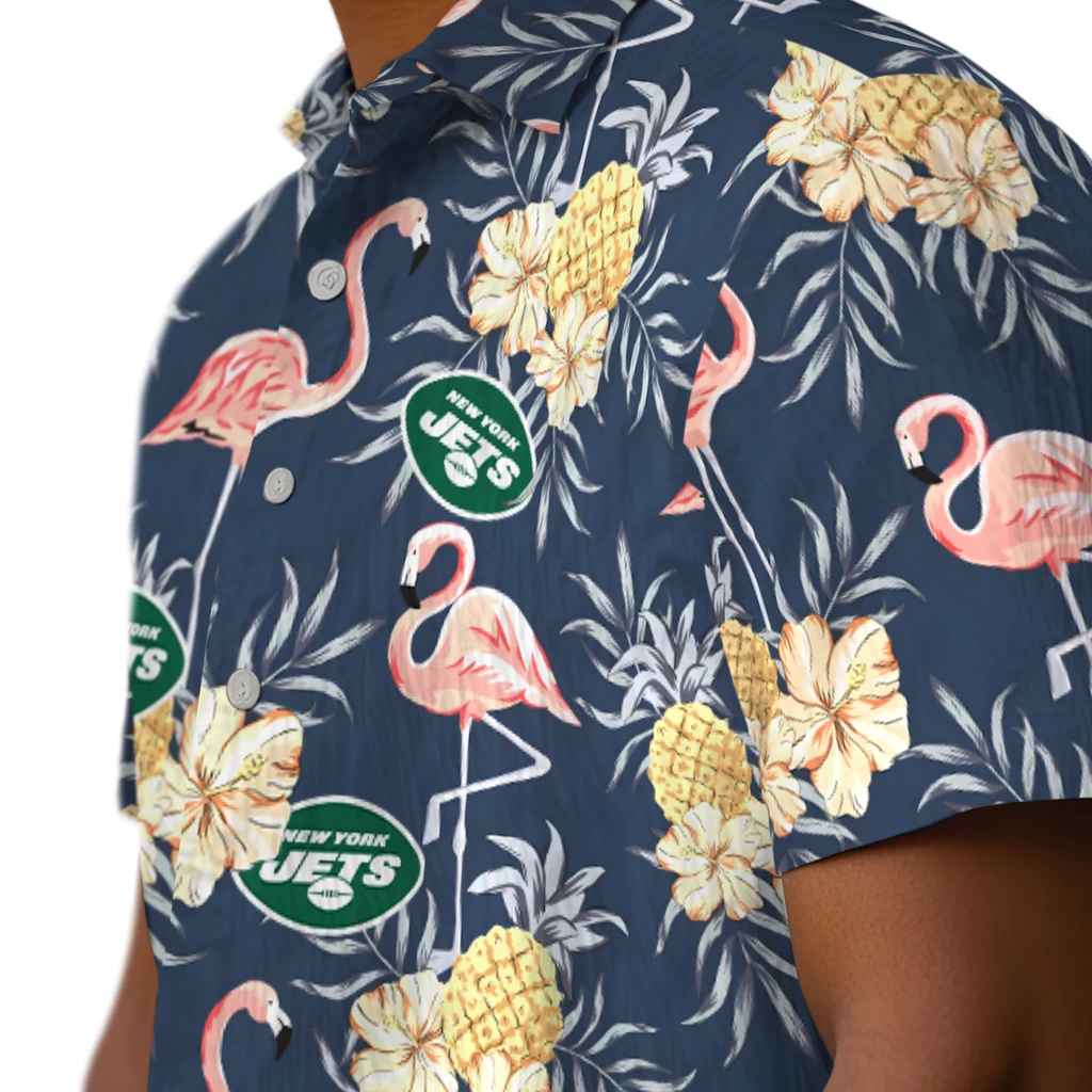 New York Jets Hawaiian Shirt - Flamingo Hibiscus new york jets flamingo hibiscus navy hawaiian shirts trendy