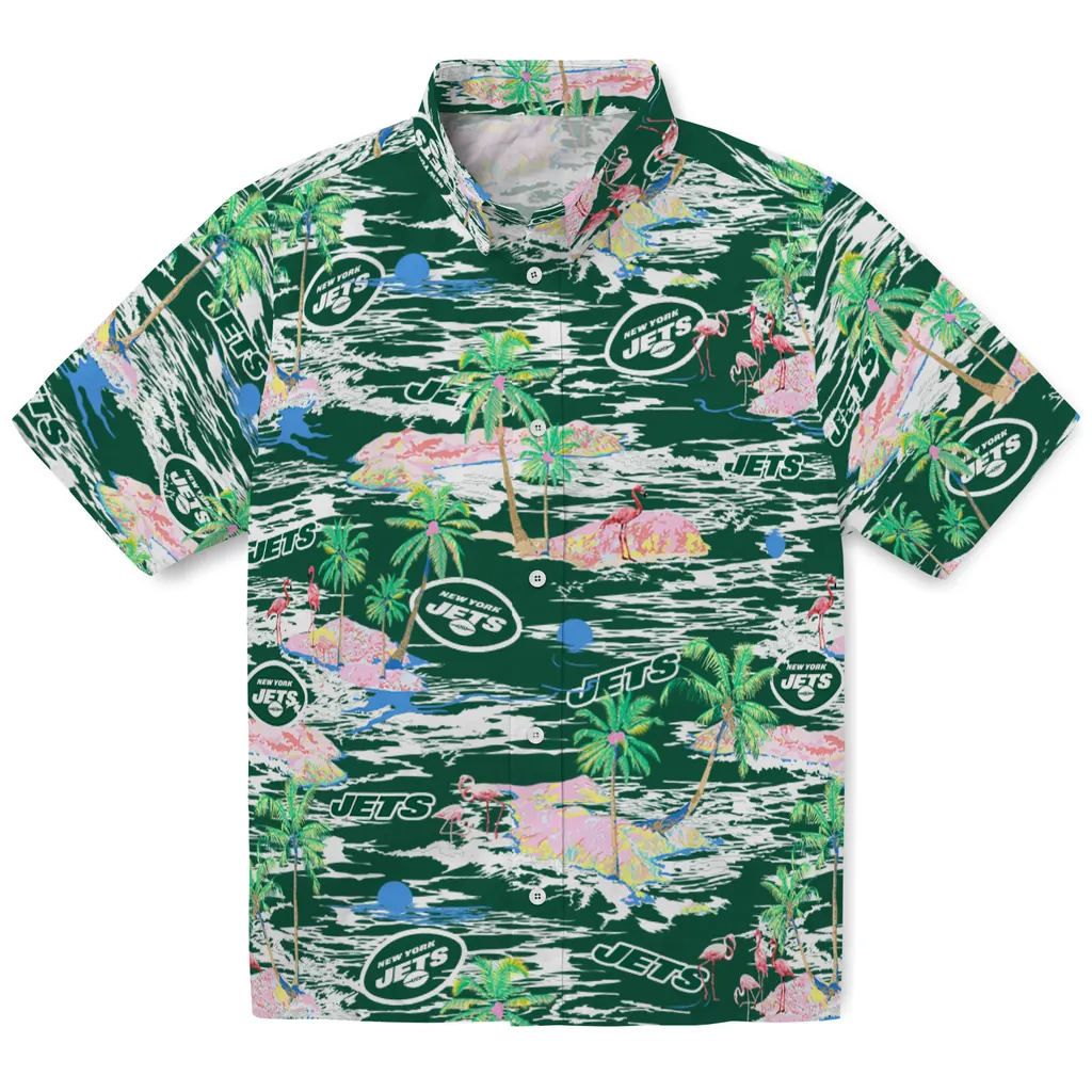 New York Jets Hawaiian Shirt - Hawaii Island new york jets flamingo retreat green hawaiian shirts best selling