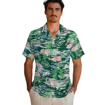new york jets flamingo retreat green hawaiian shirts fashion forward