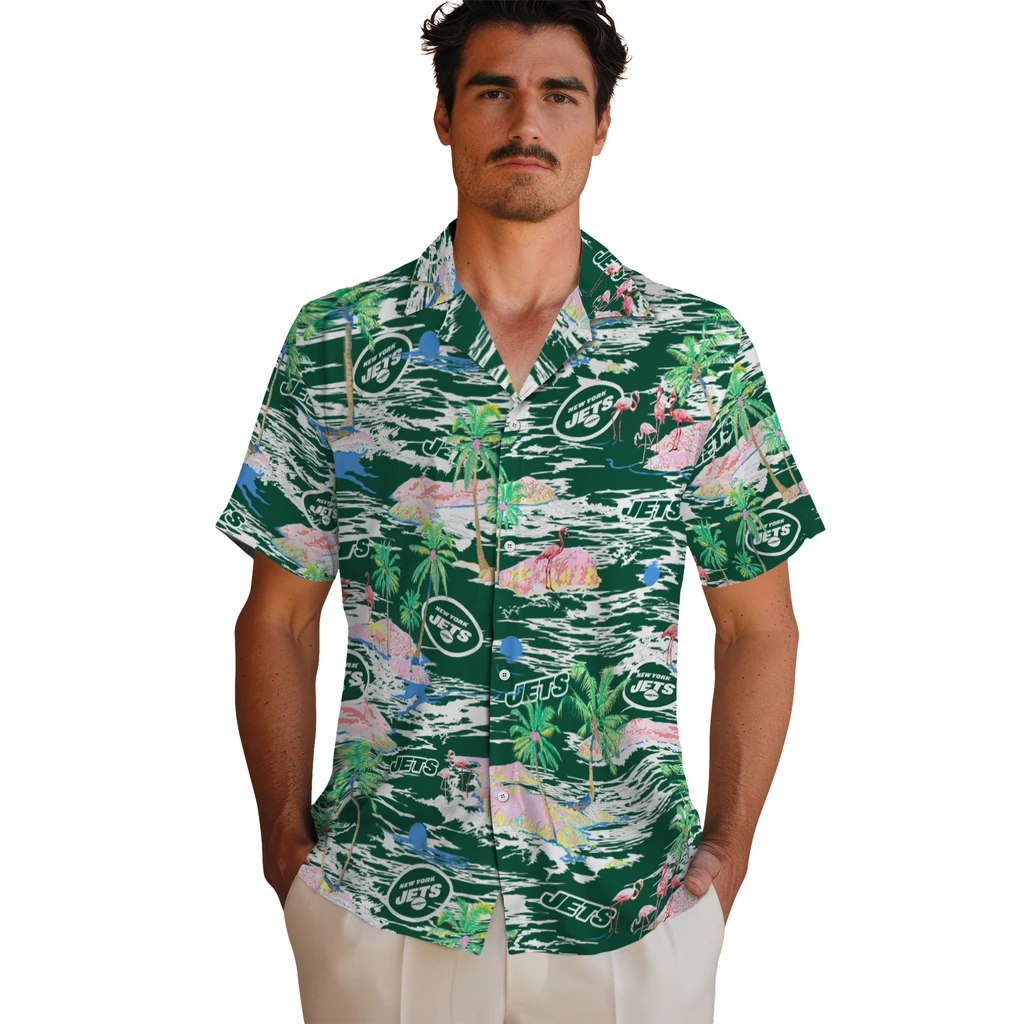 New York Jets Hawaiian Shirt - Hawaii Island new york jets flamingo retreat green hawaiian shirts fashion forward