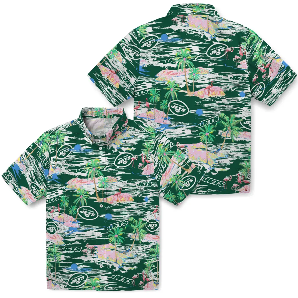 New York Jets Hawaiian Shirt - Hawaii Island new york jets flamingo retreat green hawaiian shirts high quality