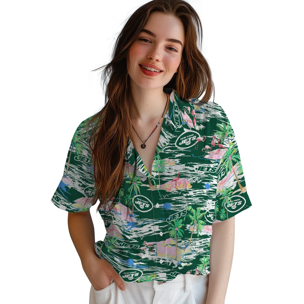 New York Jets Hawaiian Shirt - Hawaii Island new york jets flamingo retreat green hawaiian shirts latest model