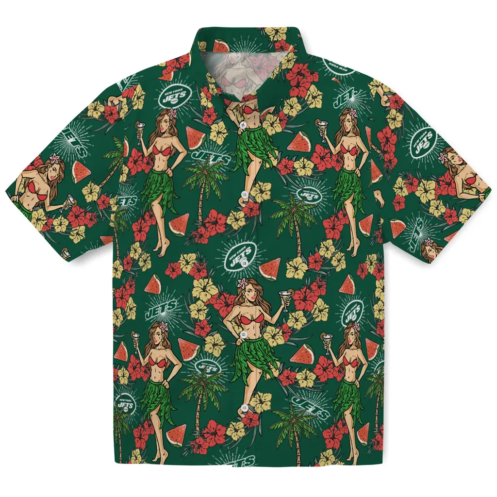 New York Jets Hawaiian Shirt - Hawaiian Girls Design new york jets hawaiian girls design green hawaiian shirts best selling