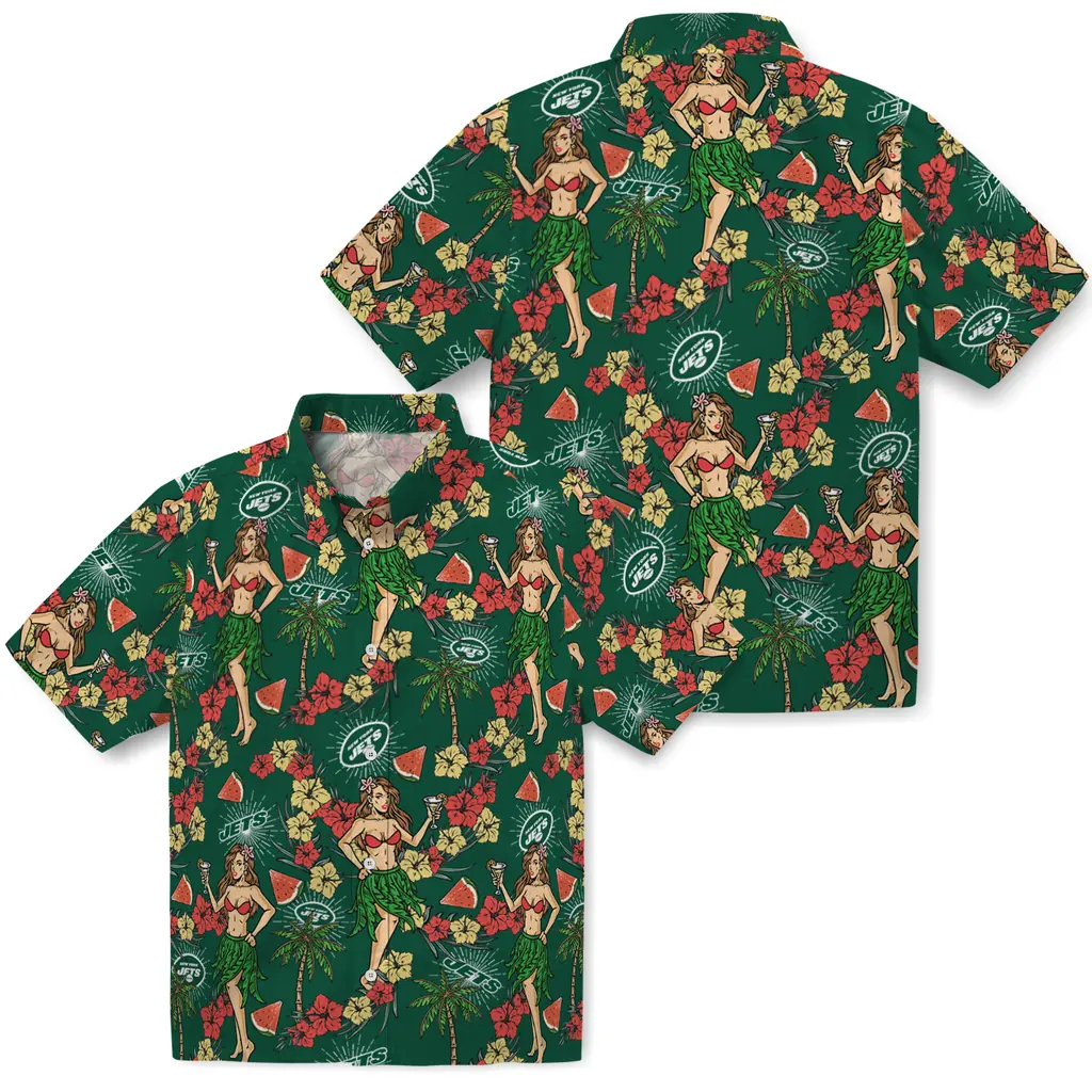 New York Jets Hawaiian Shirt - Hawaiian Girls Design new york jets hawaiian girls design green hawaiian shirts high quality
