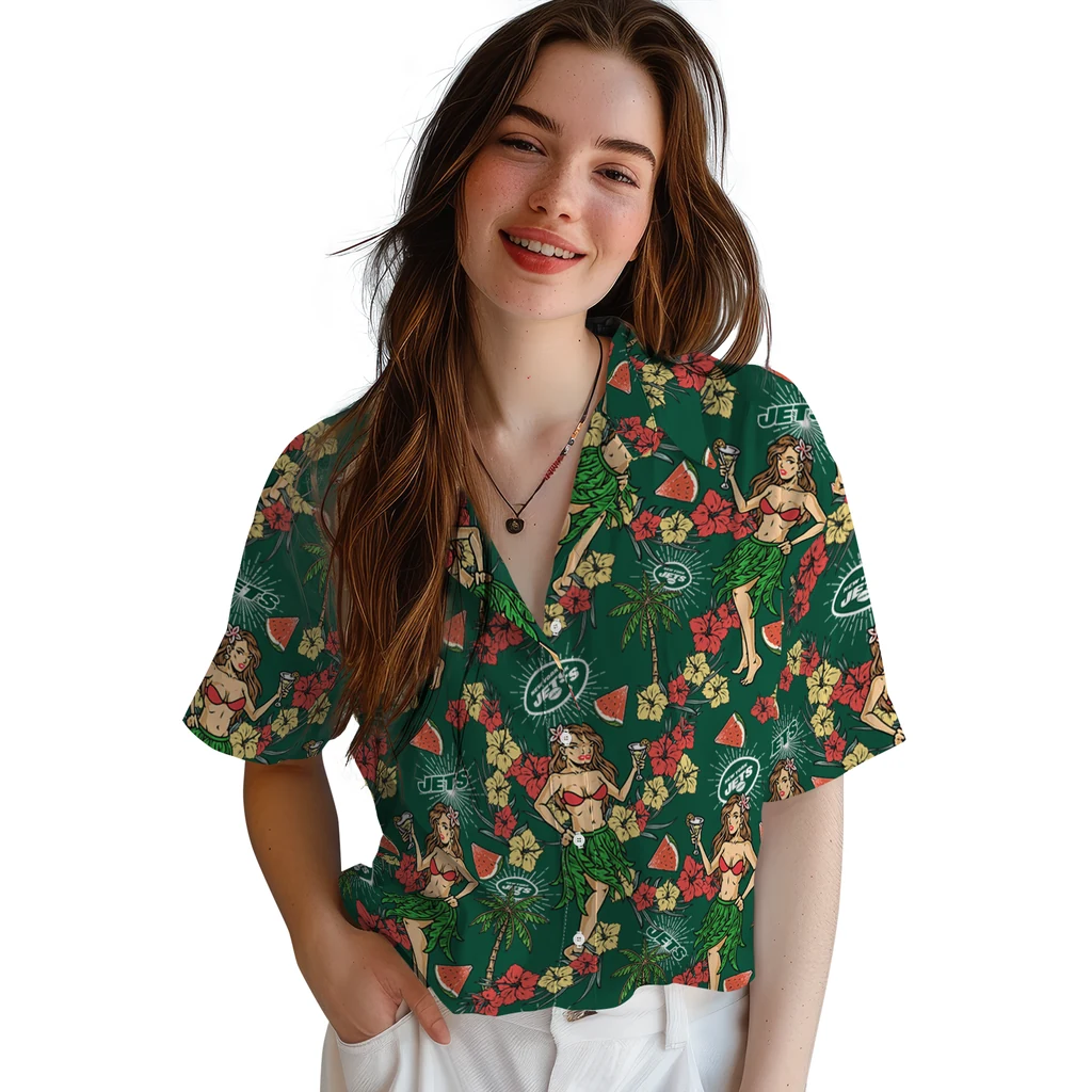 New York Jets Hawaiian Shirt - Hawaiian Girls Design new york jets hawaiian girls design green hawaiian shirts latest model