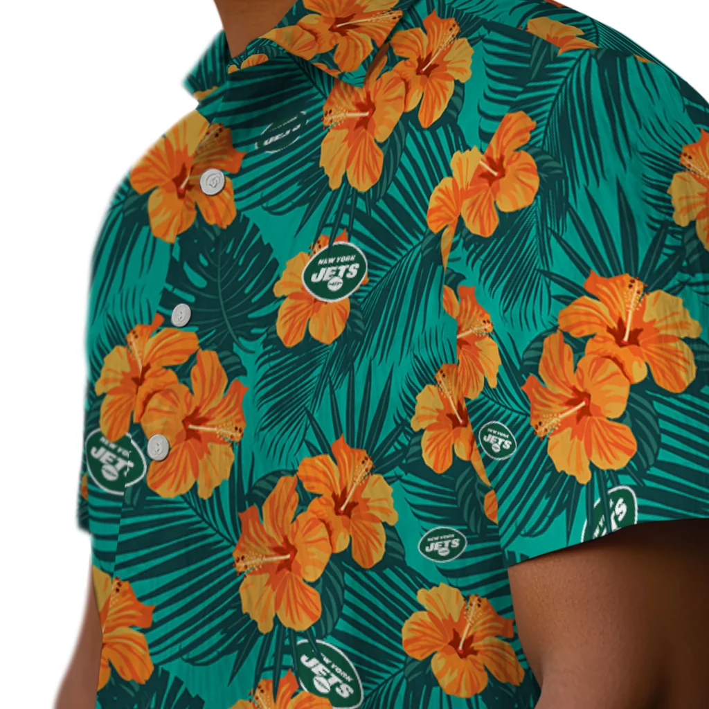 New York Jets Hawaiian Shirt - Hibiscus and Palm Leaves new york jets hibiscus escape green hawaiian shirts trendy