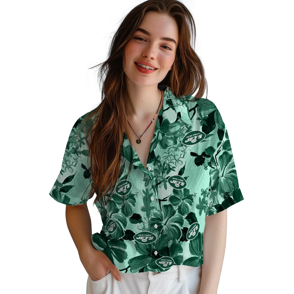 New York Jets Hawaiian Shirt - Hibiscus Arrangement new york jets hibiscus arrangement green hawaiian shirts latest model